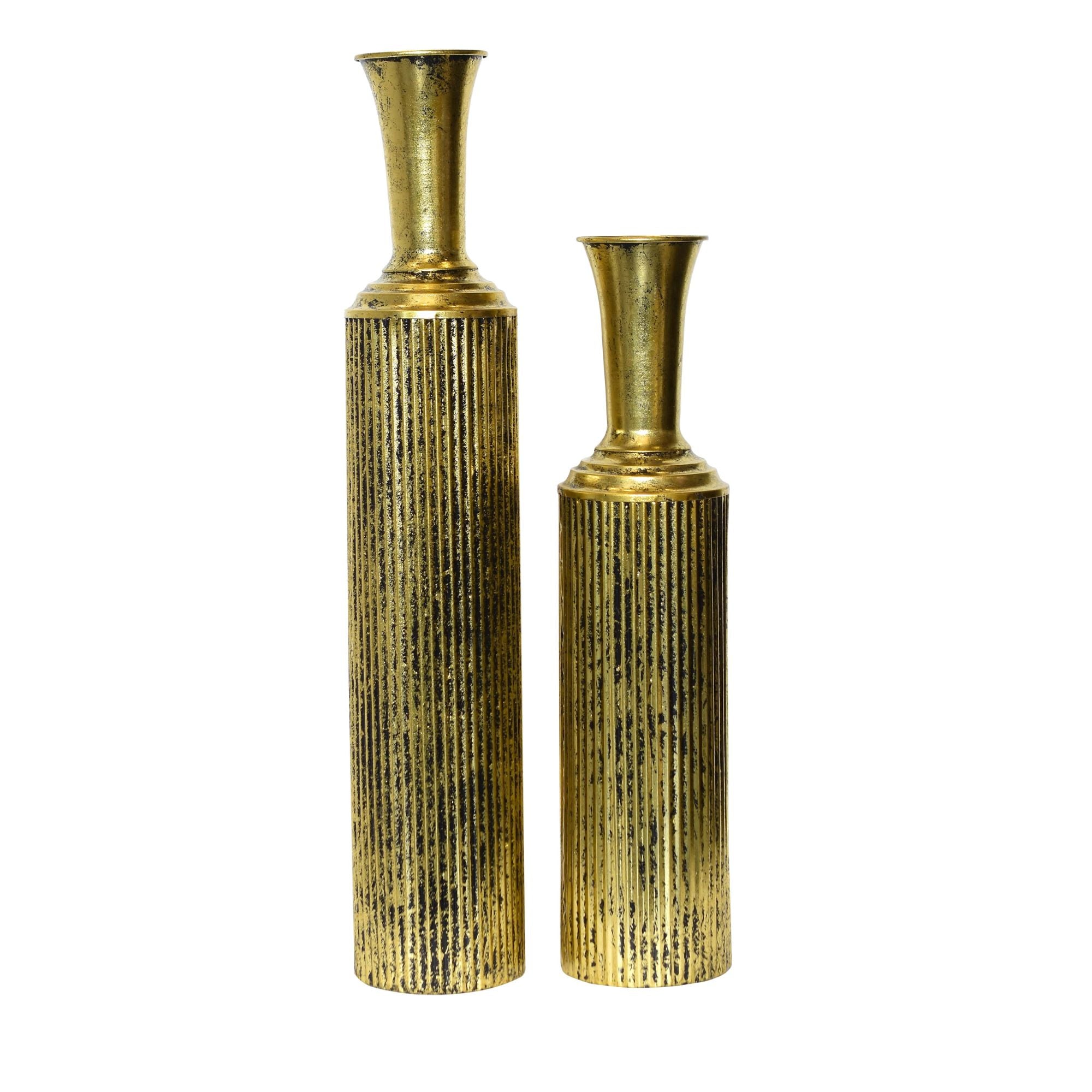 Antique Ribbed Gold Metal Vases