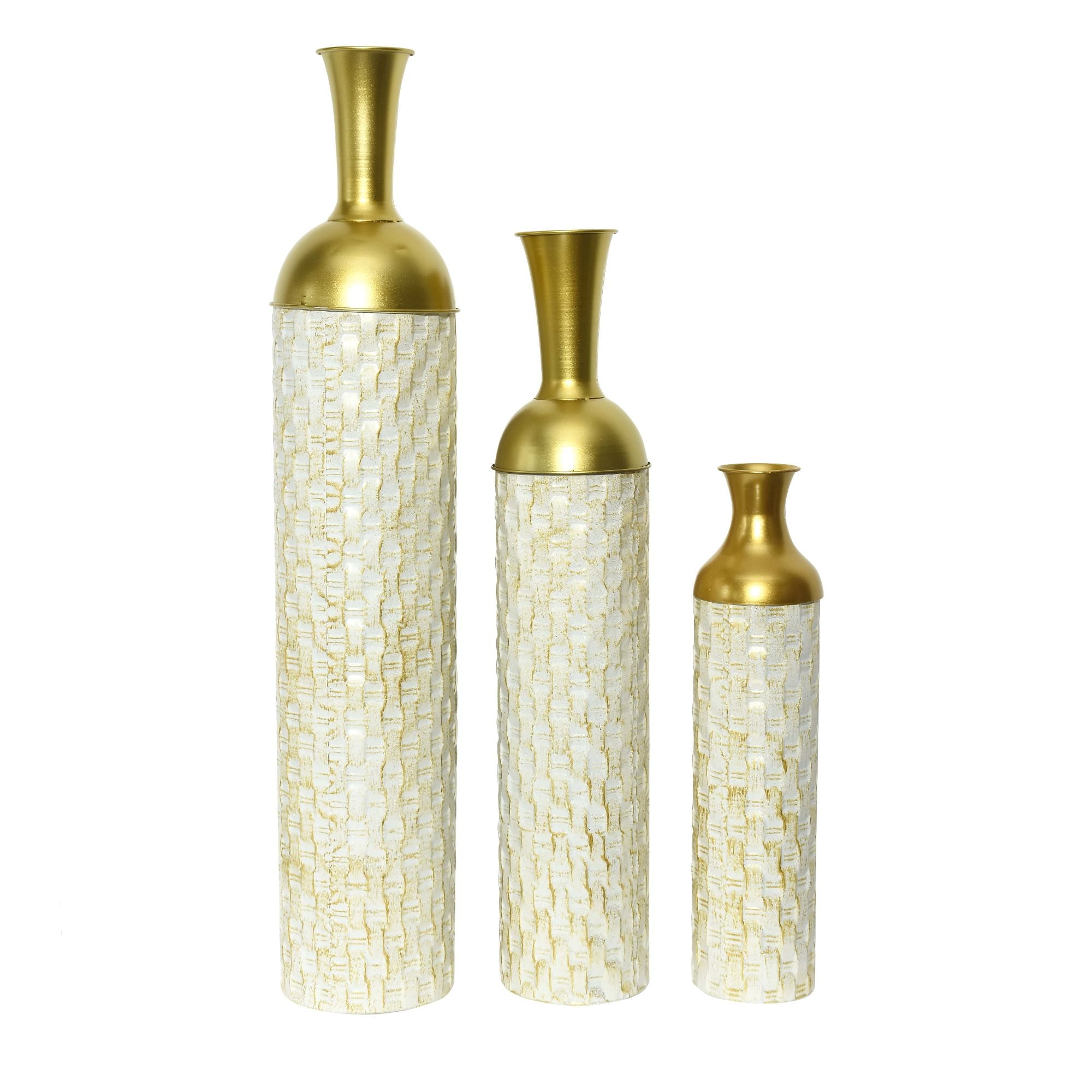 Ivory & Gold Textured Metal Vase Set